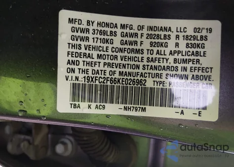 2019 Honda Civic Lx z USA, uszkodzony, nr VIN 19XFC2F66KE026962